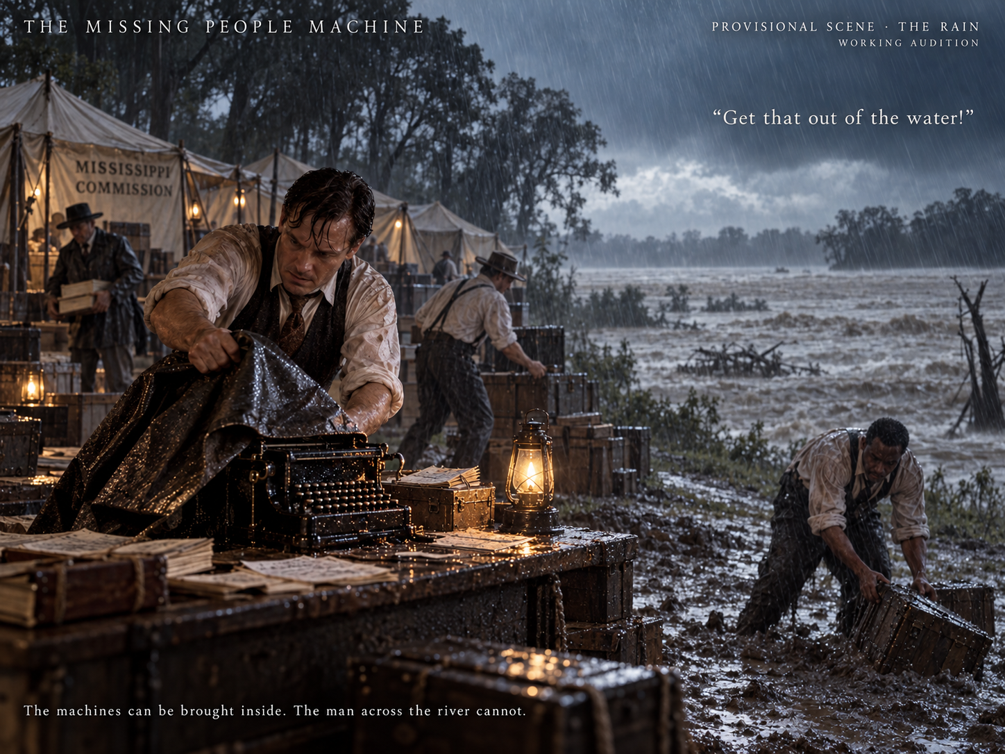 Provisional rainy commission encampment illustration: no boat or crossing shown; invented rain and campsite details